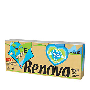 RENOVA Mouchoirs Renova 100% recyclé, paquet de 10 étuis de 9 mouchoirs