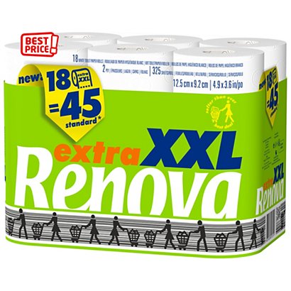 Renova Papier toilette Extra XXL double épaisseur - Maxi rouleau compact de 325 feuilles - Blanc - Carton de 18 rouleaux