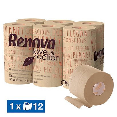 RENOVA Papier toilette Renova Love & Action 2 épaisseurs, lot de 12 rouleaux