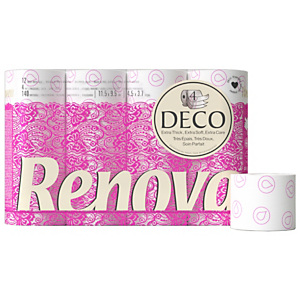 Renova Papier toilette en rouleaux standard Deco, quadruple épaisseur, 140 feuilles, blanc (Carton de 12 rouleaux) Renova Papier toilette en rouleaux standard Deco, quadruple épaisseur, 140 feuilles, blanc (Carton de 12 rouleaux)
