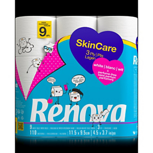 Renova Papier toilette SkinCare triple épaisseur rouleau de 110 feuilles Blanc - Lot de 9 rouleaux Renova Papier toilette SkinCare triple épaisseur rouleau de 110 feuilles Blanc - Lot de 9 rouleaux