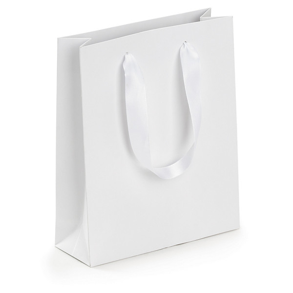 Ribbon handle gift bags, white, 180x220x65mm, pack of 12 - 1