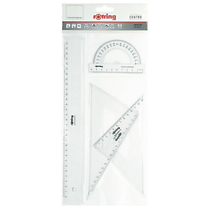 Rotring Centro Conjunto de geometría de 4 piezas con regla de 30 cm, transportador de 180° y juego de escuadras de 30°/60° y 45° de plástico transparente Rotring Centro Conjunto de geometría de 4 piezas con regla de 30 cm, transportador de 180° y juego de escuadras de 30°/60° y 45° de plástico transparente