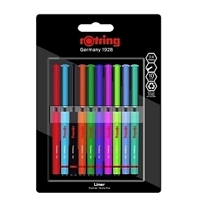 ROTRING Fineliner Rotulador de fibra, Punta de pincel, blister de 10 rotuladores, punta de 0,4 mm, colores surtidos