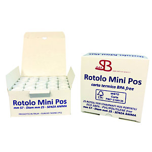 Saba cart Rotolo MiniPos termico senza anima, per POS modello NEXI, 57 mm x 6 m, Ø 25 mm, Neutro (confezione 25 pezzi)