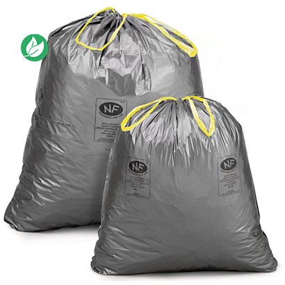 Sac à déchets courants à liens coulissants - 30 L - Gris -  lot de 100 sacs
