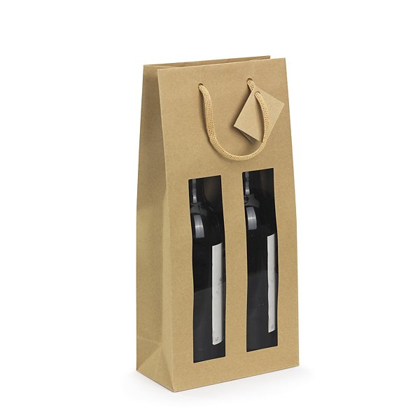 Sac kraft brun à fenêtre et poignées cordelières pour 2 bouteilles 18 x 38 x 8,8 cm - 2