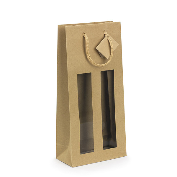 Sac kraft brun à fenêtre et poignées cordelières pour 2 bouteilles 18 x 38 x 8,8 cm - 1