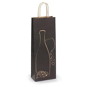 Sac kraft fantaisie pour 1 bouteille - noir et motif brun