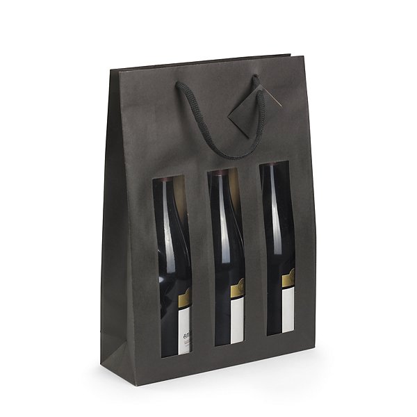 Sac kraft noir à fenêtre et poignées cordelières pour 3 bouteilles 27 x 38 x 9 cm - 2