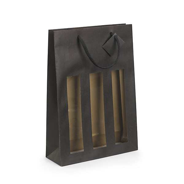 Sac kraft noir à fenêtre et poignées cordelières pour 3 bouteilles 27 x 38 x 9 cm - 1