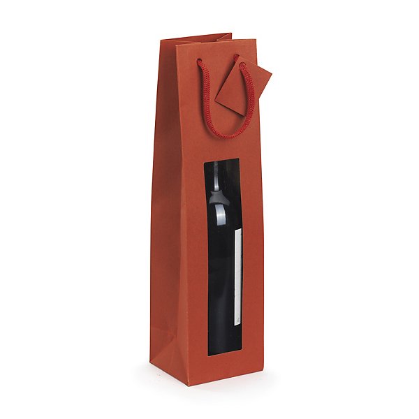 Sac kraft rouge à fenêtre et poignées cordelières pour 1 bouteille 9,8 x 38 x 8,8 cm - 2