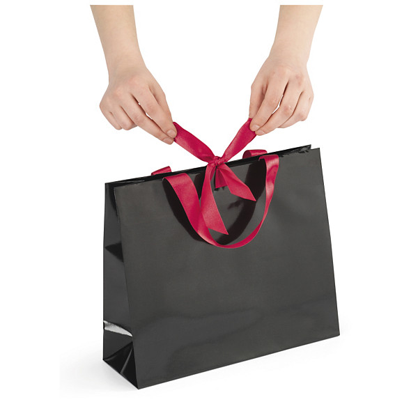 Sac pelliculé brillant noir à poignées satin 30 x 25 x 10 cm - 1