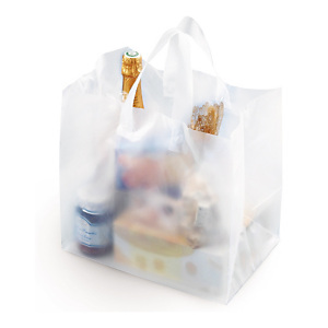 Sac plastique effet givré à poignées souples avec fond carton Sac plastique effet givré à poignées souples avec fond carton