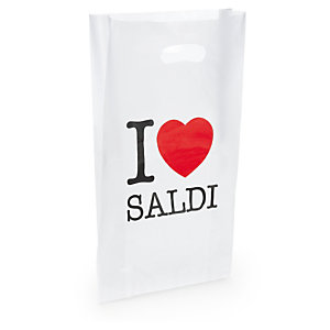 Sacchetti in plastica con manico a fagiolo e stampa "I love saldi"
