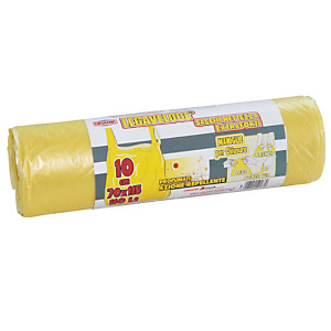 Sacchi extraforti con maniglie profumati - Colore giallo - 110 litri - F.to 70 x 115 cm - Spessore 13 micron (confezione 10 pezzi) Sacchi extraforti con maniglie profumati - Colore giallo - 110 litri - F.to 70 x 115 cm - Spessore 13 micron (confezione 10 pezzi)