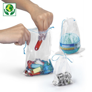 Sachet plastique 50% recyclé transparent à cordelettes
