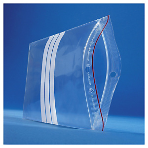 Sachet plastique zip transparent à bandes blanches 60 microns RAJA 12,5x12,5 cm