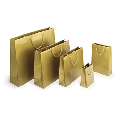 Saco de papel plastificado dourado com asas de cordão 30x25x10 cm - 1