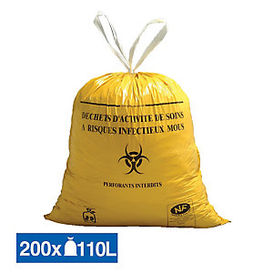 Sacs poubelle déchets hospitaliers Dasri poignées coulissantes jaunes 110 L, lot de 200