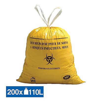 Sacs poubelle déchets hospitaliers Dasri poignées coulissantes jaunes 110 L, lot de 200 - 1