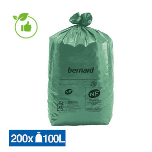 Sacs poubelle déchets lourds Bernard Green NF verts 100 L, lot de 200