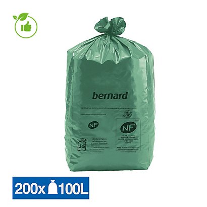 Sacs poubelle déchets lourds Bernard Green NF verts 100 L, lot de 200 - 1