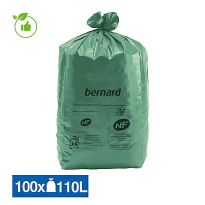Sacs poubelle déchets lourds Bernard Green NF verts 110 L, lot de 100 - 1