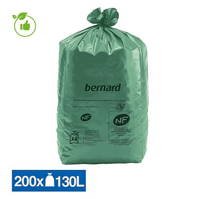 Sacs poubelle déchets lourds Bernard Green NF verts 130 L, lot de 200 - 1