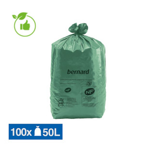 Sacs poubelle déchets lourds Bernard Green NF verts 50 L, lot de 100