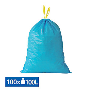 Sacs poubelle déchets lourds poignées coulissantes bleus 100 L, lot de 100