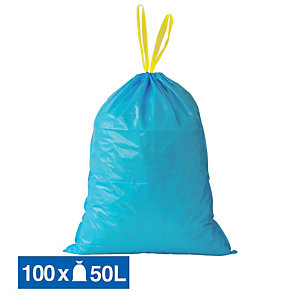 Sacs poubelle déchets lourds poignées coulissantes bleus 50 L, lot de 100
