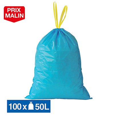 Sacs poubelle déchets lourds Tradition poignées coulissantes bleus 50 L, lot de 100 - 1