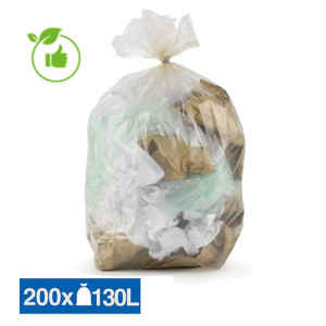 Sacs poubelle transparents recyclés 130 L, lot de 200