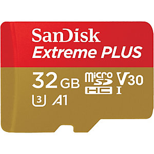 SanDisk Extreme Plus, 32 Go, MicroSDHC, UHS-I, 100 Mo/s, 90 Mo/s, Résistant aux chocs, Résistant à une température, Imperméable SDSQXBG-032G-GN6MA