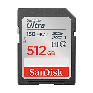 SanDisk Ultra, 512 Go, SDXC, Classe 10, UHS-I, 150 Mo/s, Class 1 (U1) SDSDUNC-512G-GN6IN