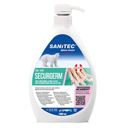SANITEC Sapone liquido sanificante con 2 antibatterici SECURGERM, Non profumato, Flacone con dosatore 1000 ml