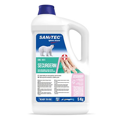 SANITEC Sapone liquido sanificante con 2 antibatterici SECURGERM, Non profumato, Tanica 5 l
