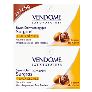Savons dermatologiques surgras Vendome peaux sèches 125 g, lot de 2 Savons dermatologiques surgras Vendome peaux sèches 125 g, lot de 2