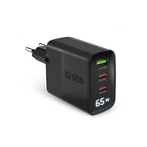 SBS Caricatore da parete con display LCD, 2 USB-C Power Delivery 65W, 1 USB-A Adaptive Fast Charge 60W, Nero SBS Caricatore da parete con display LCD, 2 USB-C Power Delivery 65W, 1 USB-A Adaptive Fast Charge 60W, Nero