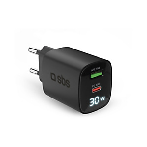 SBS Caricatore da parete con schermo LCD, 1 USB-C Power Delivery 30W, 1 USB-A Adaptive Fast Charge 18W, Nero SBS Caricatore da parete con schermo LCD, 1 USB-C Power Delivery 30W, 1 USB-A Adaptive Fast Charge 18W, Nero