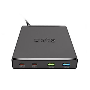SBS Caricatore da rete ultra rapido GaN, 2 porte USB-C + 2 porte USB-A, 75 W, Nero