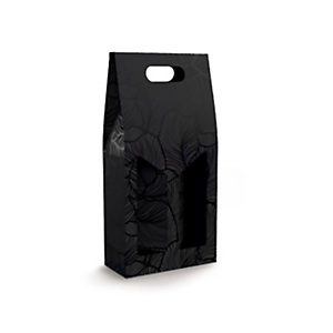 Scatola per 2 bottiglie, Con finestra, 18 x 9 x 40 cm, Cartone laccato, Nero con fantasia foglie (confezione 20 pezzi) Scatola per 2 bottiglie, Con finestra, 18 x 9 x 40 cm, Cartone laccato, Nero con fantasia foglie (confezione 20 pezzi)