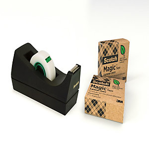 Scotch® C38 Dispensador de cinta adhesiva de escritorio negro con paquete de 3 cintas adhesivas ecológicas invisible Magic™ 19 mm x 33 m