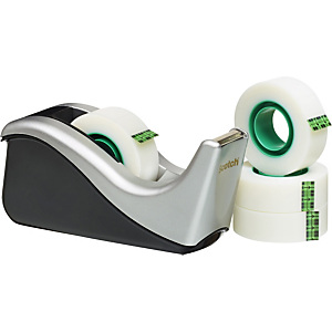 Scotch® C60 Dispensador de cinta adhesiva de escritorio ola negro/plata + Magic™ Cinta invisible 19 mm x 33 m, paquete de 4 Scotch® C60 Dispensador de cinta adhesiva de escritorio ola negro/plata + Magic™ Cinta invisible 19 mm x 33 m, paquete de 4