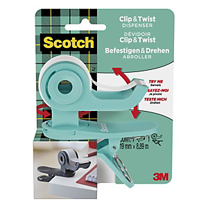 Scotch® Clip & Twist C19 Dispensador de cinta adhesiva de oficina, azul turquesa + cinta invisible de oficina Scotch® Magic™, transparente, 19 mm x 8,89 m Scotch® Clip & Twist C19 Dispensador de cinta adhesiva de oficina, azul turquesa + cinta invisible de oficina Scotch® Magic™, transparente, 19 mm x 8,89 m