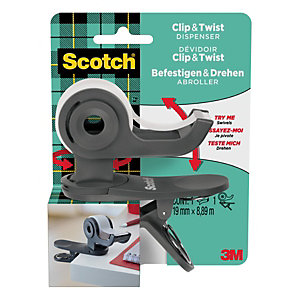 Scotch® Clip & Twist C19 Dispensador de cinta adhesiva de oficina, negra + cinta invisible de oficina Scotch® Magic™, transparente, 19 mm x 8,89 m