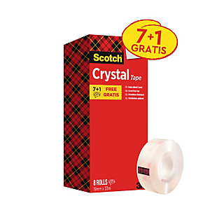 Scotch® Crystal Cinta 600 Pack Ahorro 7 + 1 GRATIS, cinta adhesiva, transparente con acabado brillante, 19 mm x 33 m