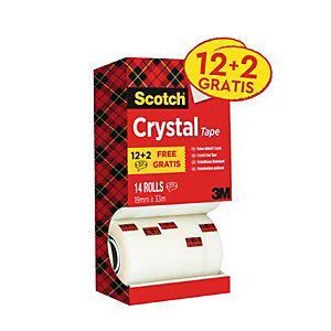 Scotch® Crystal Pack Ahorro de 12 + 2 GRATIS, Cinta adhesiva 600 transparente con acabado brillante 19 mm x 33 m