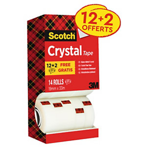 Scotch® Crystal Ruban adhésif transparent largeur 19 mm x longueur 33 m (Lot de 12 + 2 OFFERTS)
